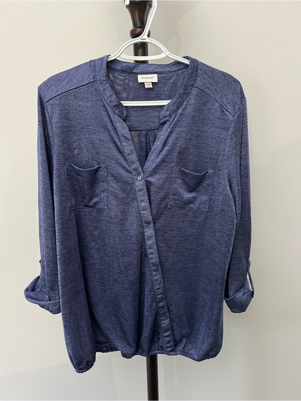 Avenue Blue Henley-Style Roll-Tab Tunic Top